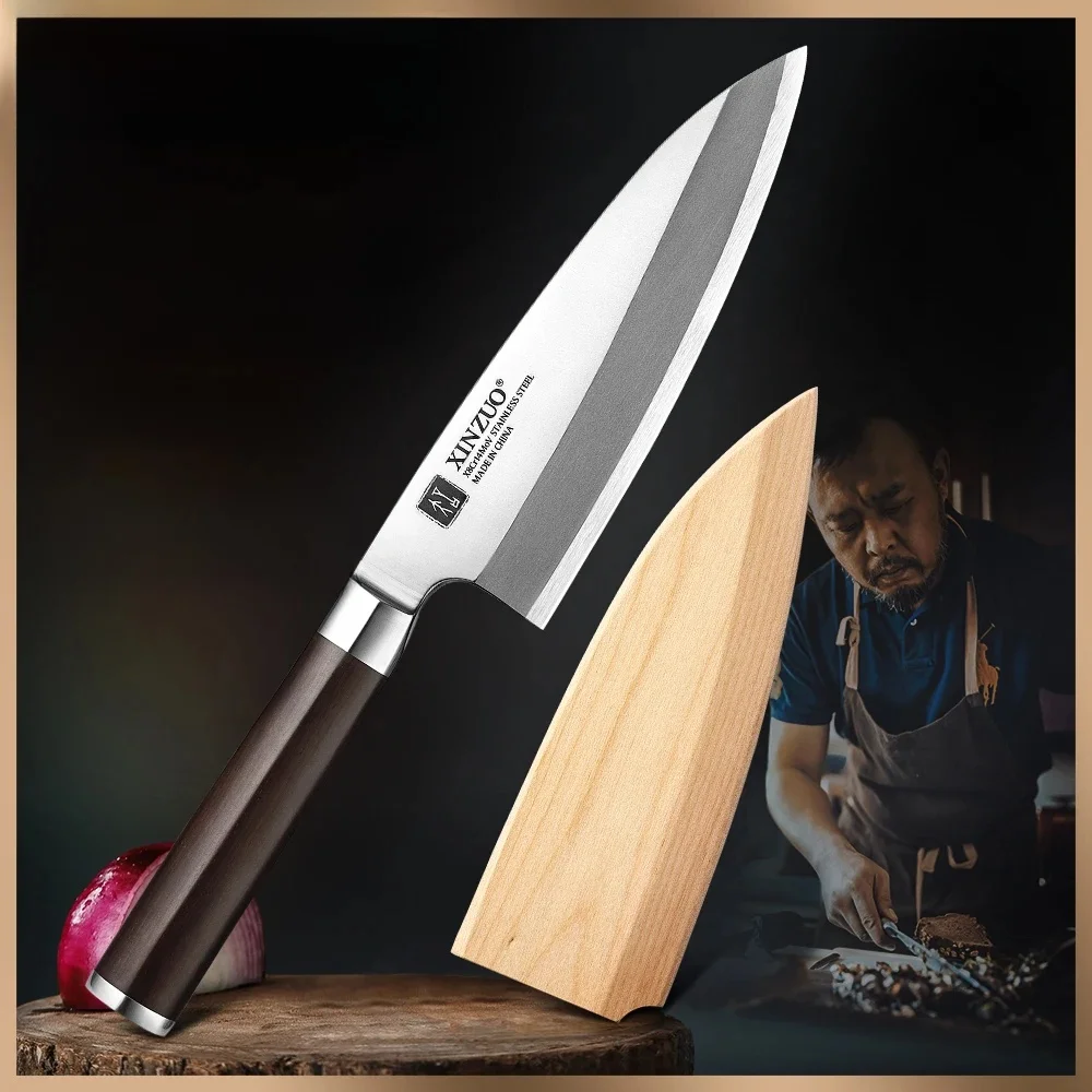 XINZUO 180mm nóż Gyuto z pochwą X8Cr14MoV kute stalowe Sushi Sashimi łosoś Deba filetowanie ryb nóż szefa kuchni — zdjęcie 2