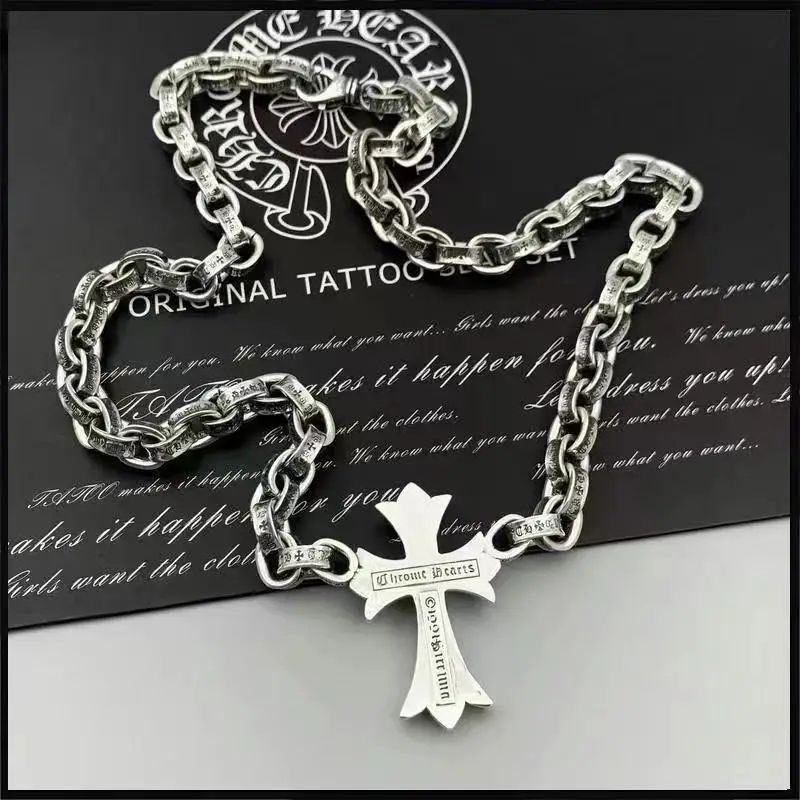 CHROME HEARTS fashion 2025 Punk men and women trend clavicle chain necklace retro do old cross lettering Thai silver pendant