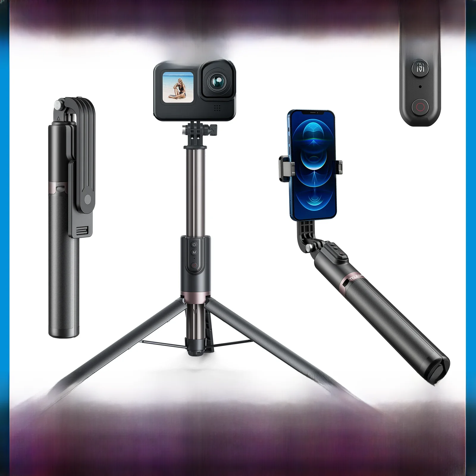 TELESIN-Tripé Selfie Stick com Bluetooth Sem Fio, Controle Remoto para Go Pro Insta 360 DJI, Câmera