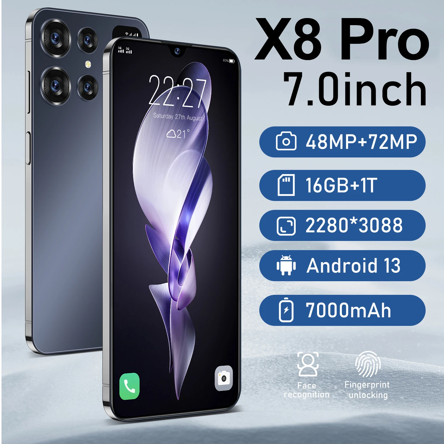 

2026 HOT X8 Pro NEW 7.0HD Global Edition Original Smart Dual Card 7800mAh Battery Facial Recognition Function