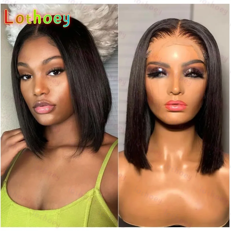 100% человеческие волосы, натуральный черный, коричневый, мелирование, реалистичный прямой боб яки с челкой, минималистичный парик шнурка 4*4