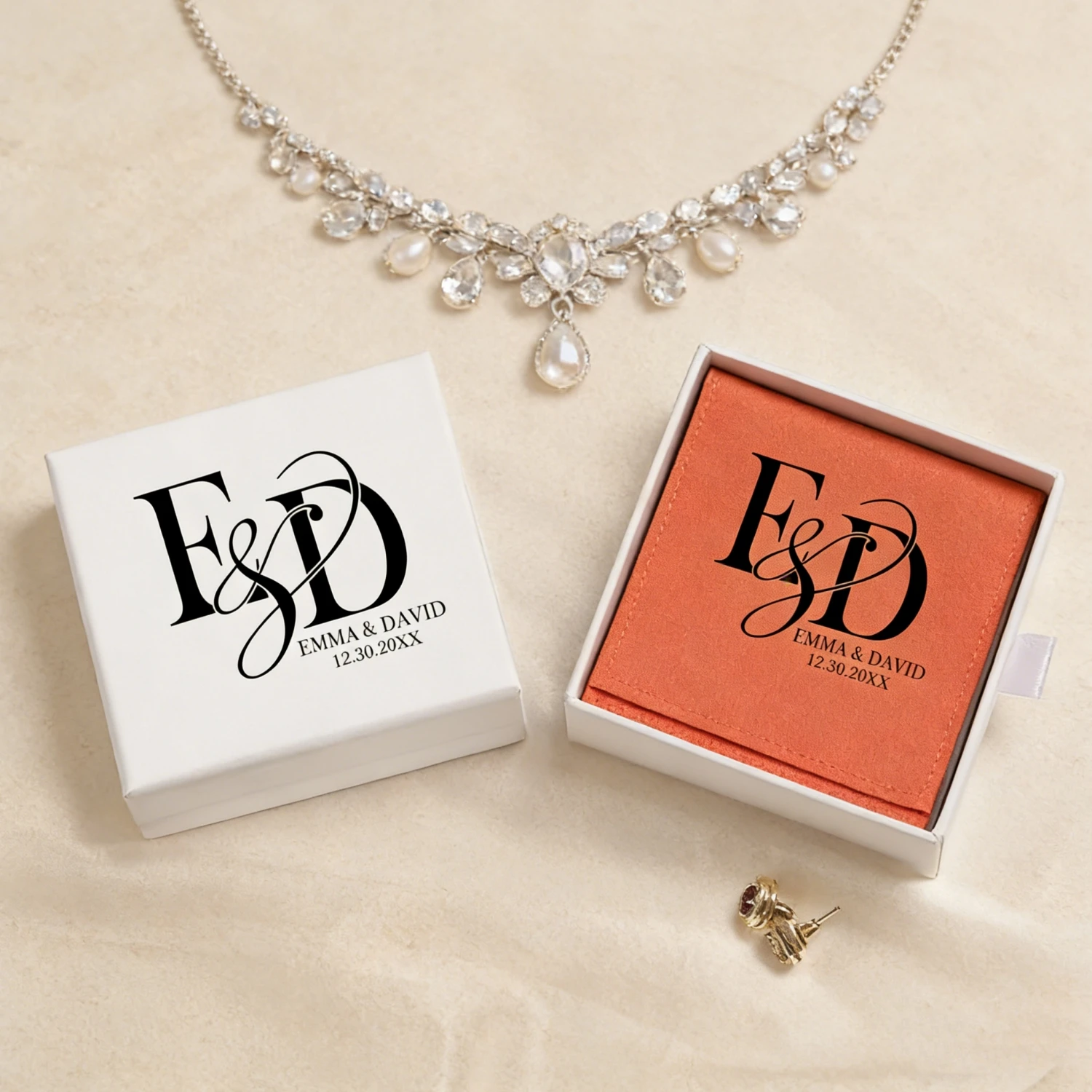 

20pcs Custom Logo Printed Jewelry Packaging Set | Luxury Box & Pouch for Wedding Favors