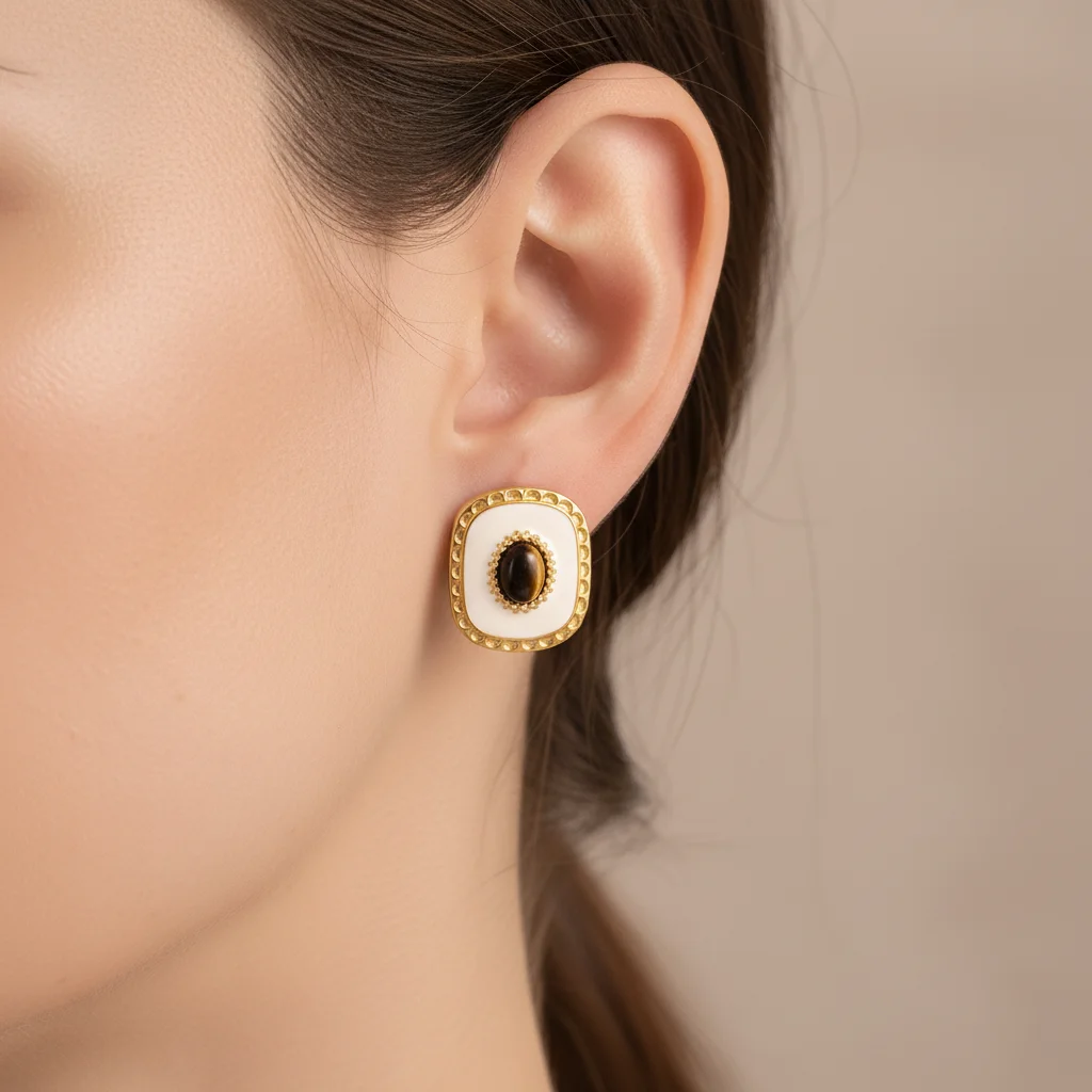 

Vintage 18K Gold Plated Square White Enamel Stud Earrings with Tiger Eye Stone - Fashion Jewelry for Women Daily Ear Charm