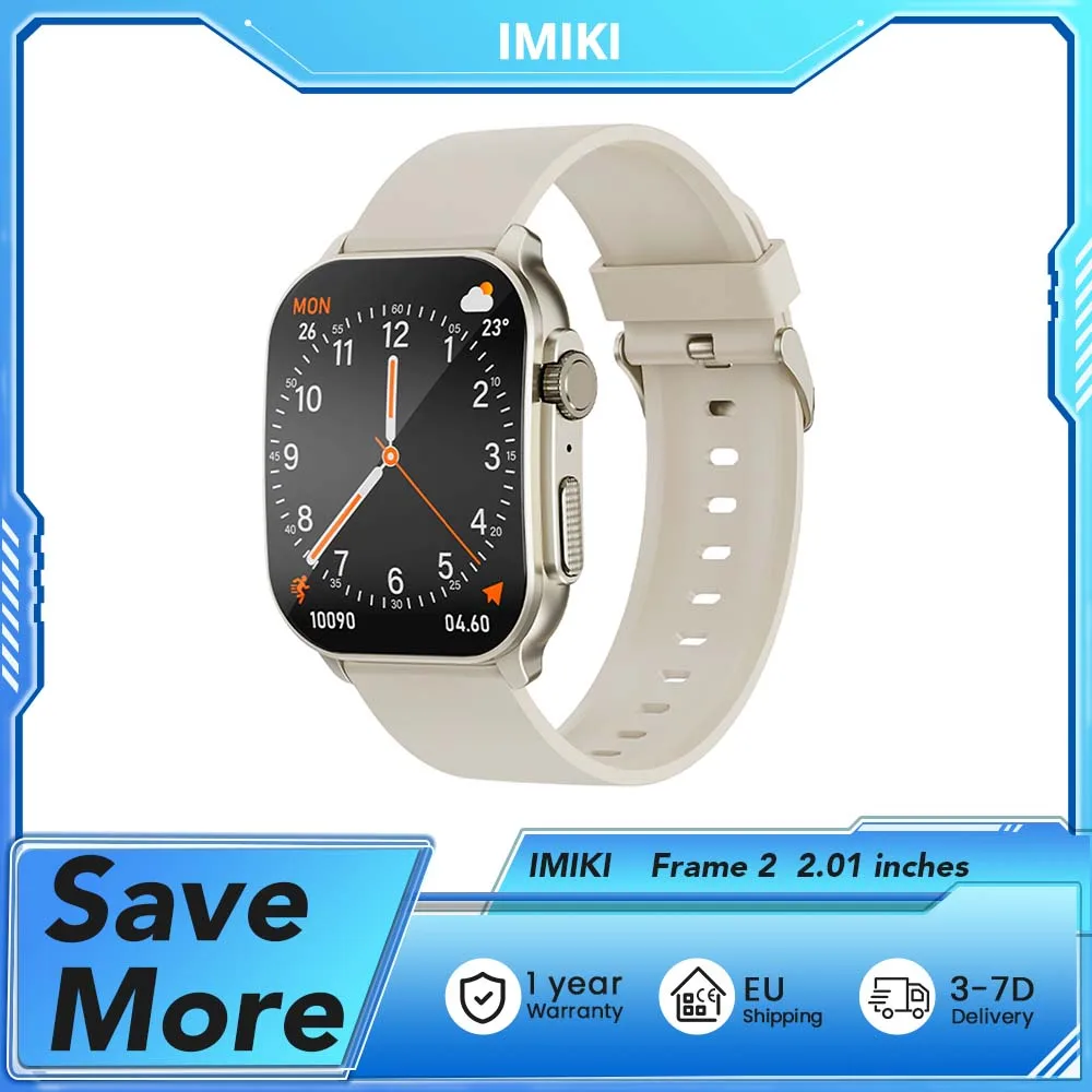 IMIKI Frame 2 Smartwatch, 2.01" AMOLED, BT bellen, 100+ sportmodi, 24/7 gezondheids- & slaaptracking, 300mAh lithium, IP68
