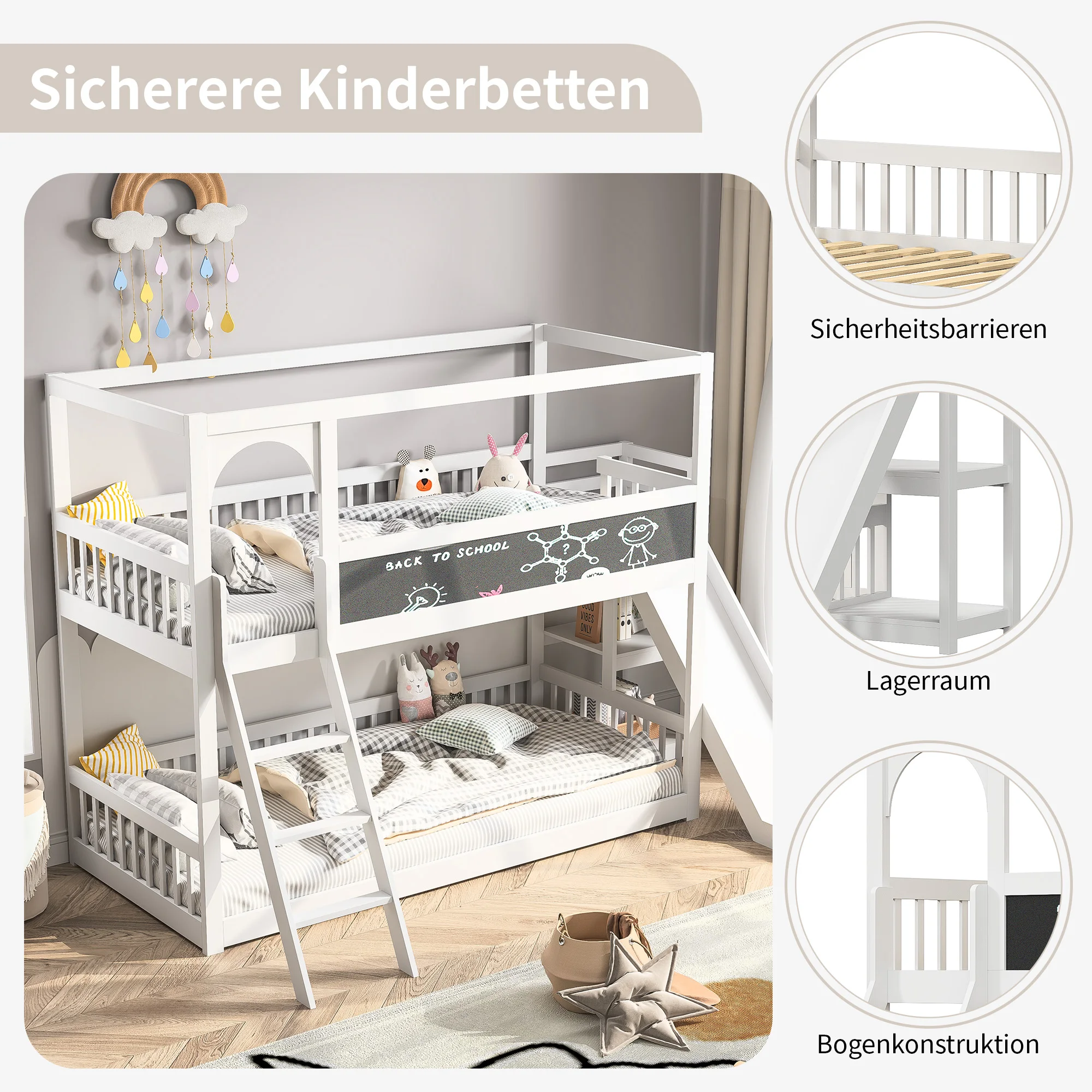 90x200cm Doppelbett mit Treppe und Rutsche, Bett mit Zaun, Bett mit Kinder tafel, umwelt freundliches Massivholz