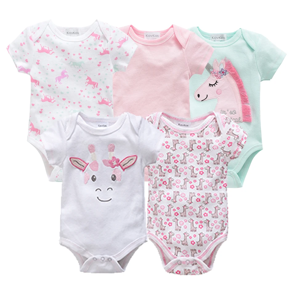 Kavkas 5PCS Pink Baby Girls Unicorn Clothes Set Infant Babi Girls Bodysuits Newborn Clothing 100%Cotton Roupas de bebe 0-12M