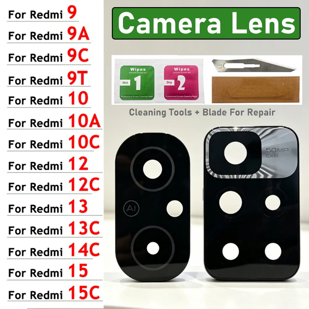 New Rear Back Camera Glass Lens For Xiaomi Redmi 9 9A 9C 9T 10 10A 10C 12 12C 13 13C 14C 15 15C 4G 5G With Ahesive Sticker