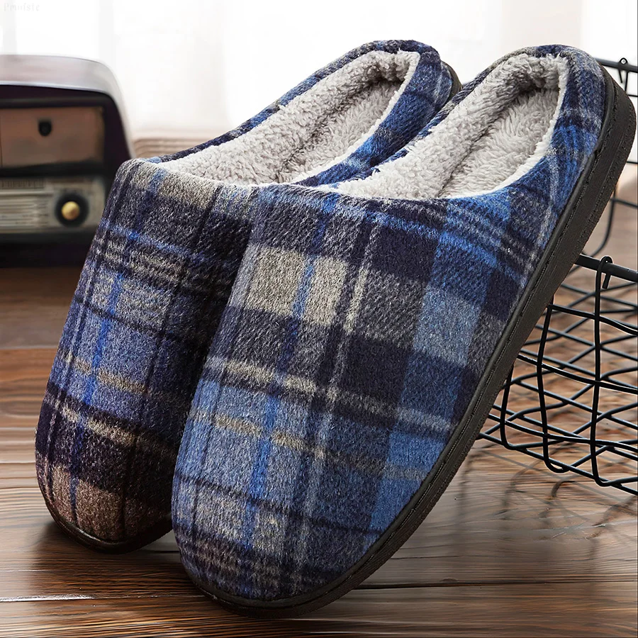 Plaid Men Slippers For Home Memory Foam Soft Non-slip Warm Plush House Shoes Mens Bedroom Slippers Winter Big Size Luxury