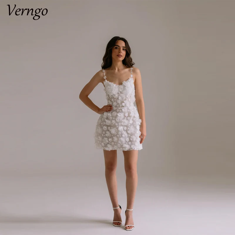 Verngo 3D Flowers Wedding Dresses Sleeveless Spaghetti Straps Tulle Bridals Gown Mini Women Beach Bride Dress Robes De Soirée