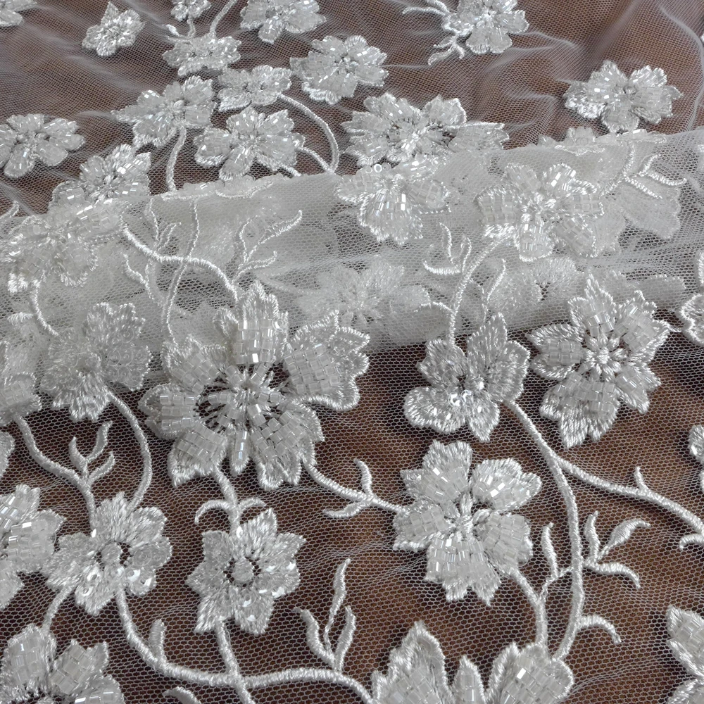 HelluyerDC White heavy beading lace fabric,little flowers small branches lace for fashion,wedding,evening,dance gown can be cut