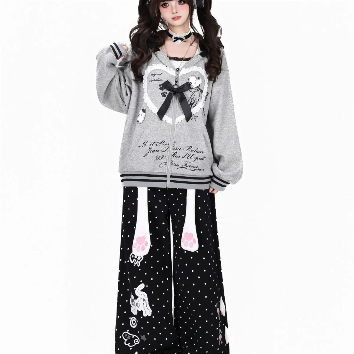 Japanische Süße Coole Neue Polka-Dots Niedlicher Cartoon-Print Hochgeschnittene Hose Lose Lässige Gerade Jogginghose Schwarze Damenhose – Detail 5