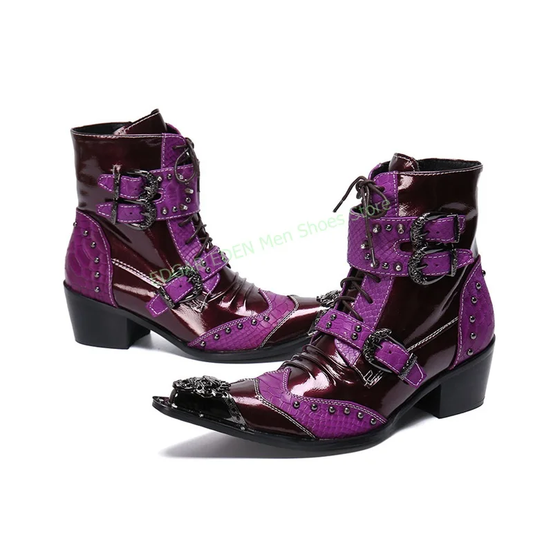 

Men Purple Genuine Leather Pointed Toe Ankle Boots Side Zipper Lace Up Ballroom Male Party Wedding High Top Boots Shoes