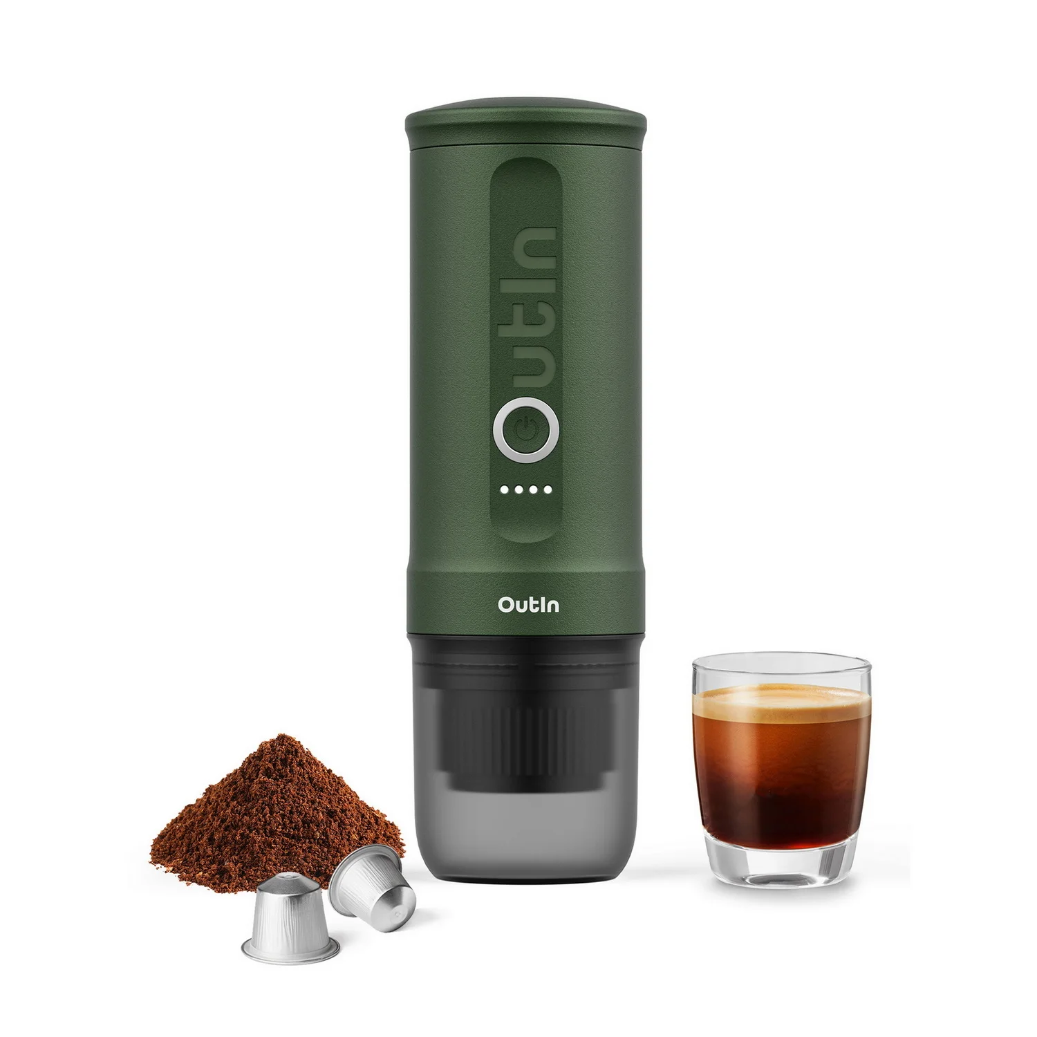Macchina per caffè espresso elettrica portatile OutIn Nano, verde foresta, autoriscaldante, USB-C, per caffè macinato e capsule NS - Campeggio, viaggi