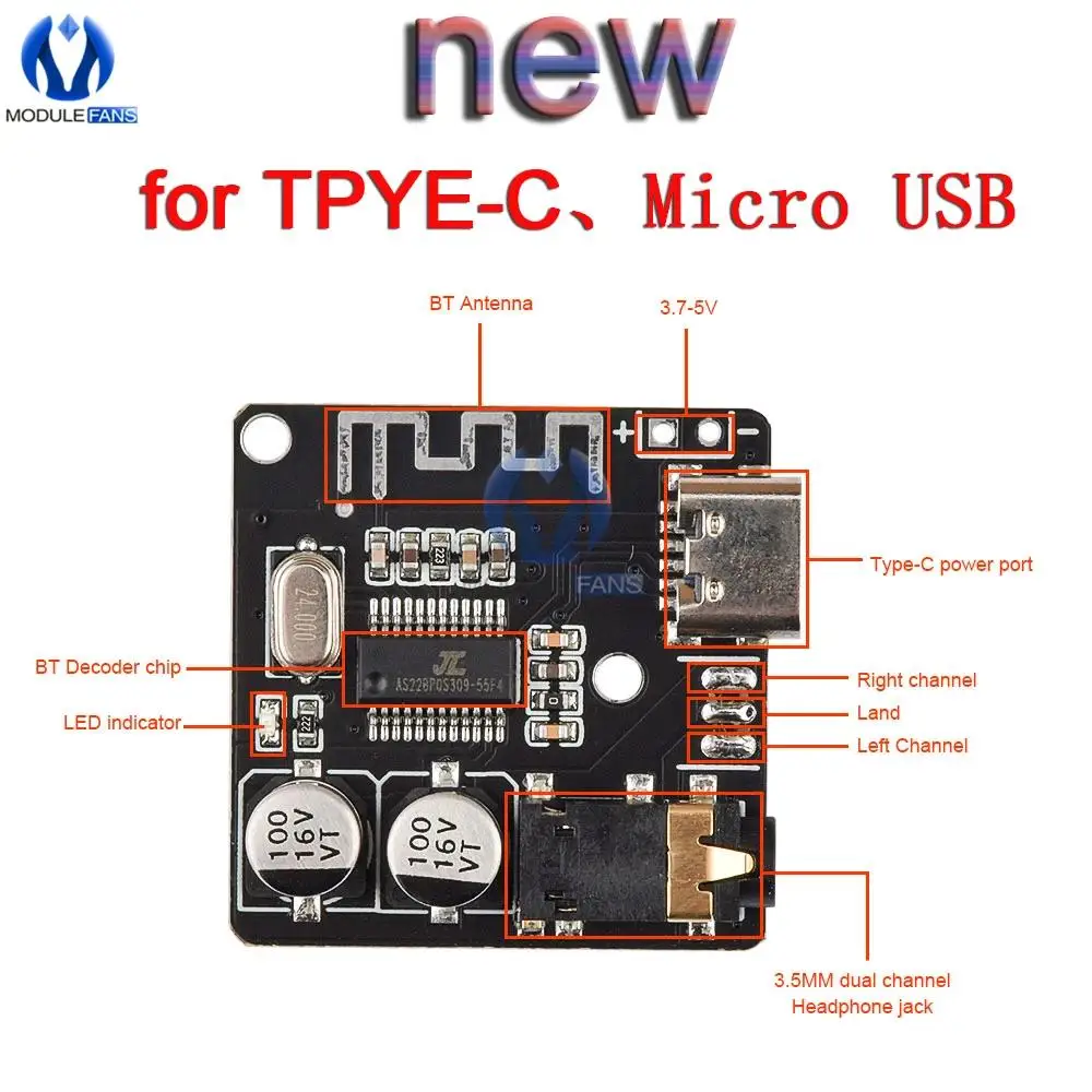 3.7-5V Mini Bluetooth Stereo Audio Receiver Board Module With Mic for arduino MP3 Player Bluetooth Lossless Decoder Board Type-C