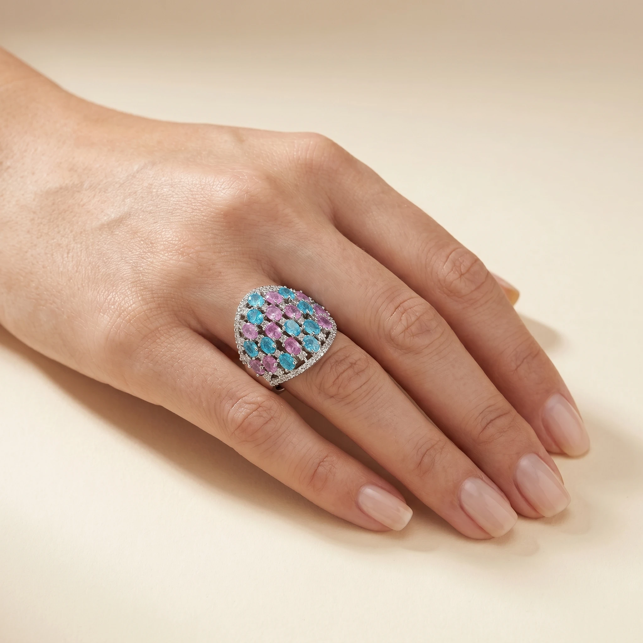YLMyself Checkerboard Ring Pink Blue Oval CZ Domed Cluster Silver Tone Halo Pave Women Statement Cocktail Jewelry