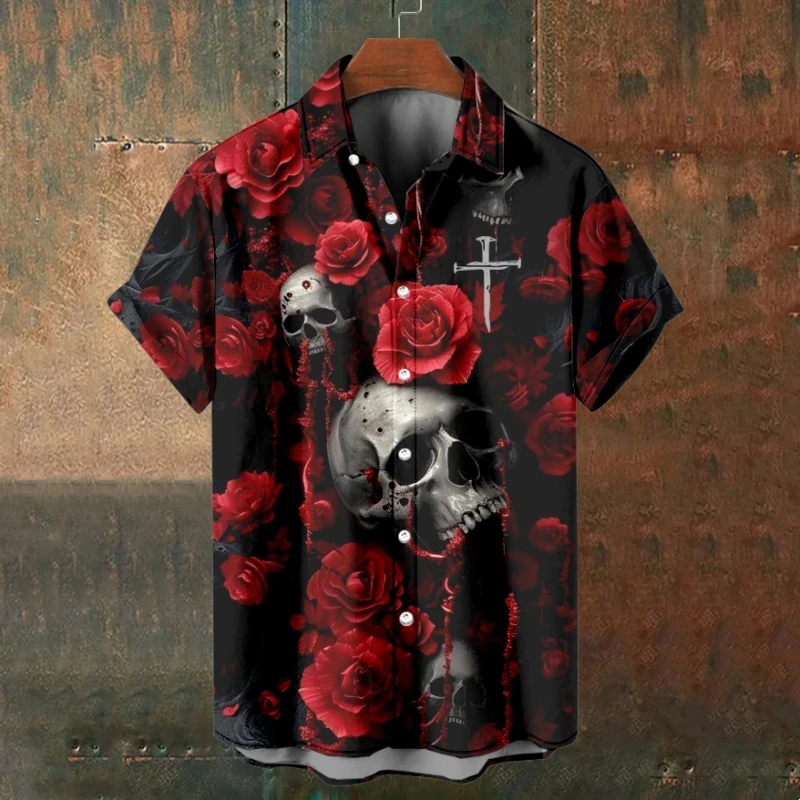 Men's Halloween Skulls Shirt Button Up Shirt Short Sleeve Dark Punk Gothic Style Summer Spring Turndown 3D Print Collared Shirts