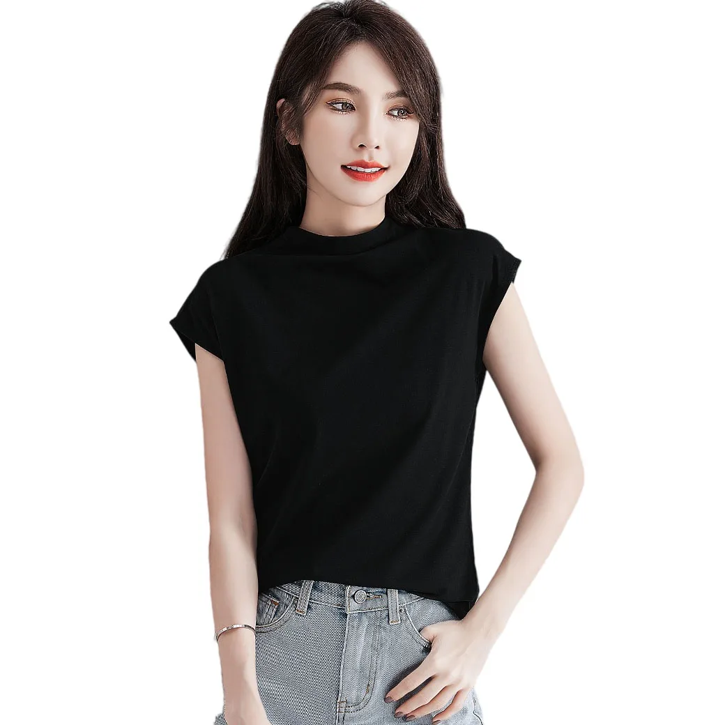 Women Soft Cotton T-shirt Turtleneck Solid color Lady Tees Short Sleeve Summer Women's clothings All match Female T-shirts