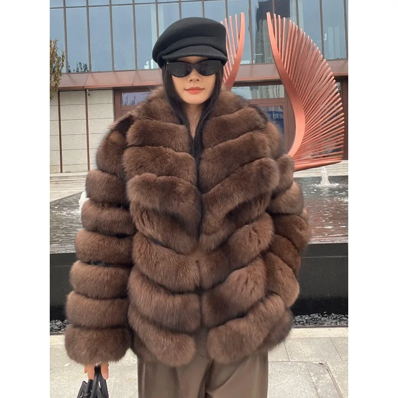 Real Fox Fur Coat Women Sable Color Puffy Fur Jacket Horizontal Stripe Design Winter Warm Short Luxury Natural Fur Outwear