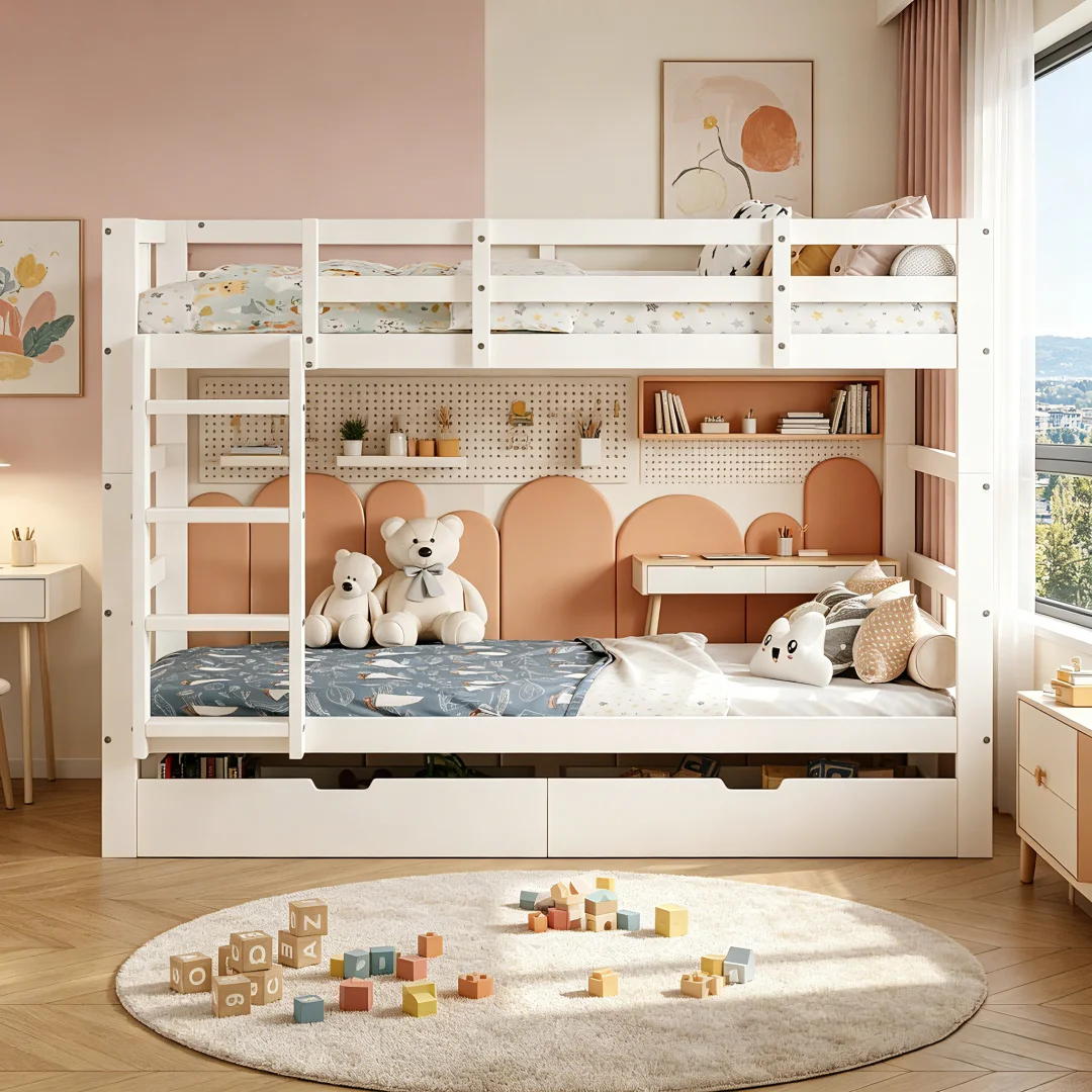 Litera blanca de 90x200 cm en madera maciza. Para niños, con barandilla protectora, estructura de listones y dos cajones.