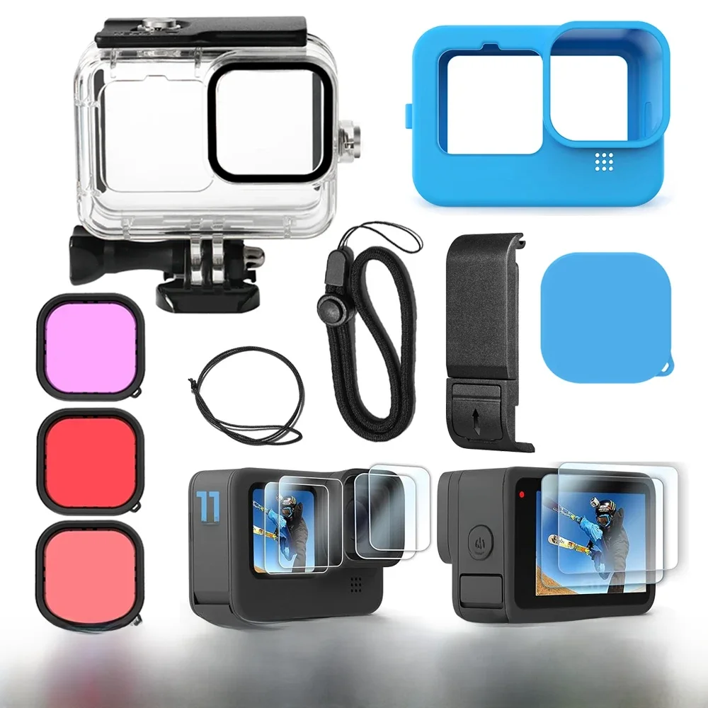 Pour GoPro Hero 13 12 11 10 9 boîtier étanche manchon en Silicone protecteurs d'écran couvercle latéral de batterie accessoires de filtre