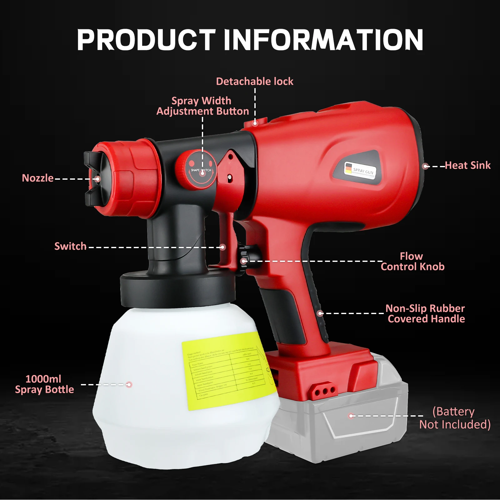 1000ML Cordless Electric Spray Gun Brushless Paint Sprayer Auto Furniture Coating Airbrush for Milwaukee 18V Battery(No Battery)