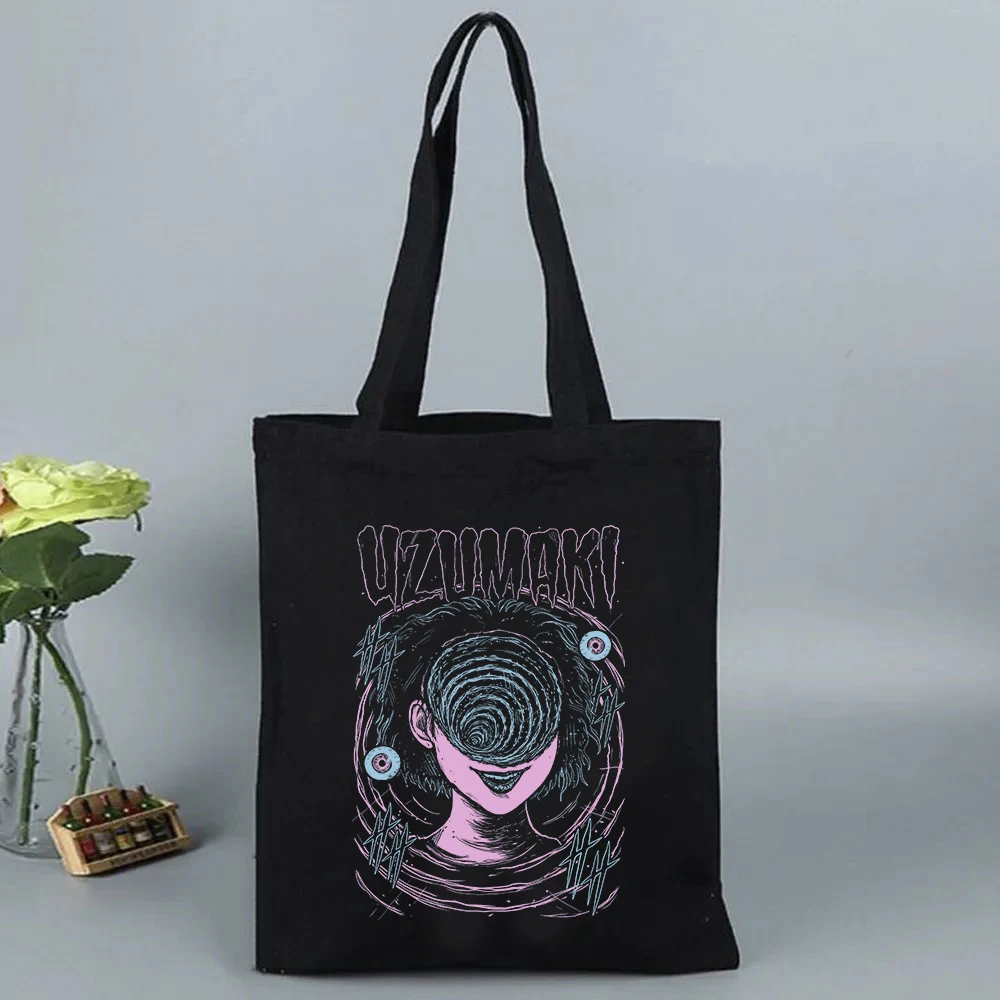 junji-ito-anime-japones-manga-canvas-tote-bolsas-de-ombro-mulheres-harajuku-casual-tote-shopper-sacos-pretos