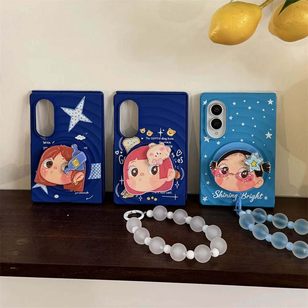 Korean Cute Star Bear Bread Magnetic Phone case for Samsung Galaxy Z Fold 8 fold 8 Cover With Magsafe Stand Chain For Fold  Case