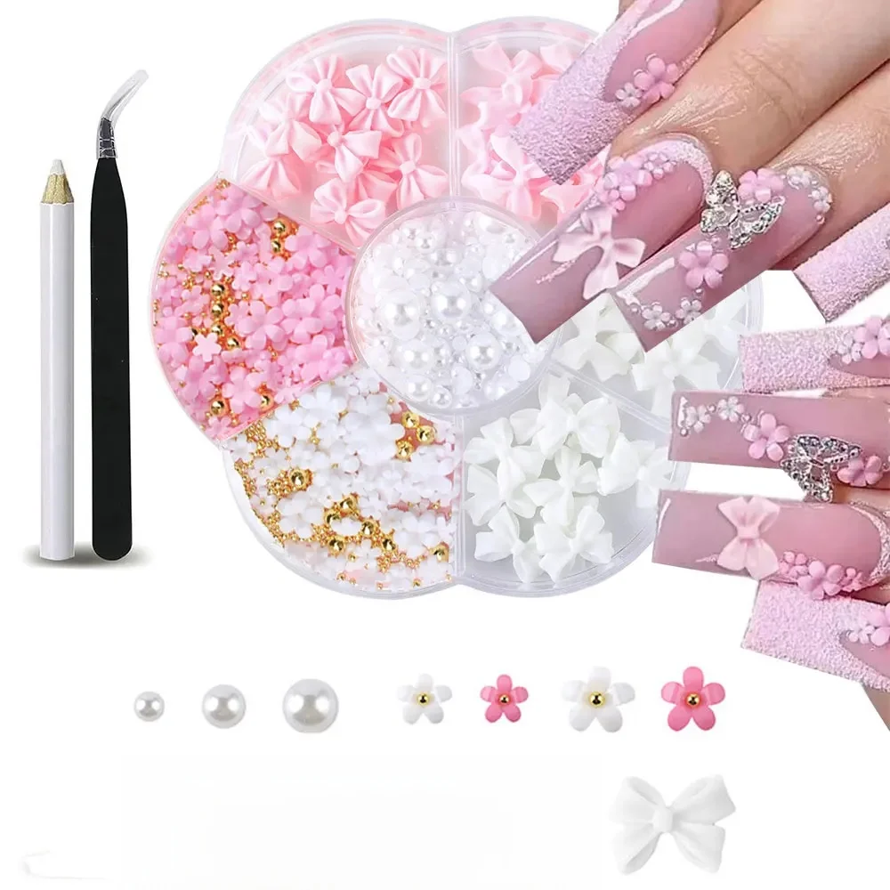 Kit de décorations pour ongles avec nœud floral 3D, 1 boîte, rose/blanc, acrylique Floral/perles de poils, breloque pour ongles avec stylo à cire/pinceur, partie pour ongles de 4/6mm
