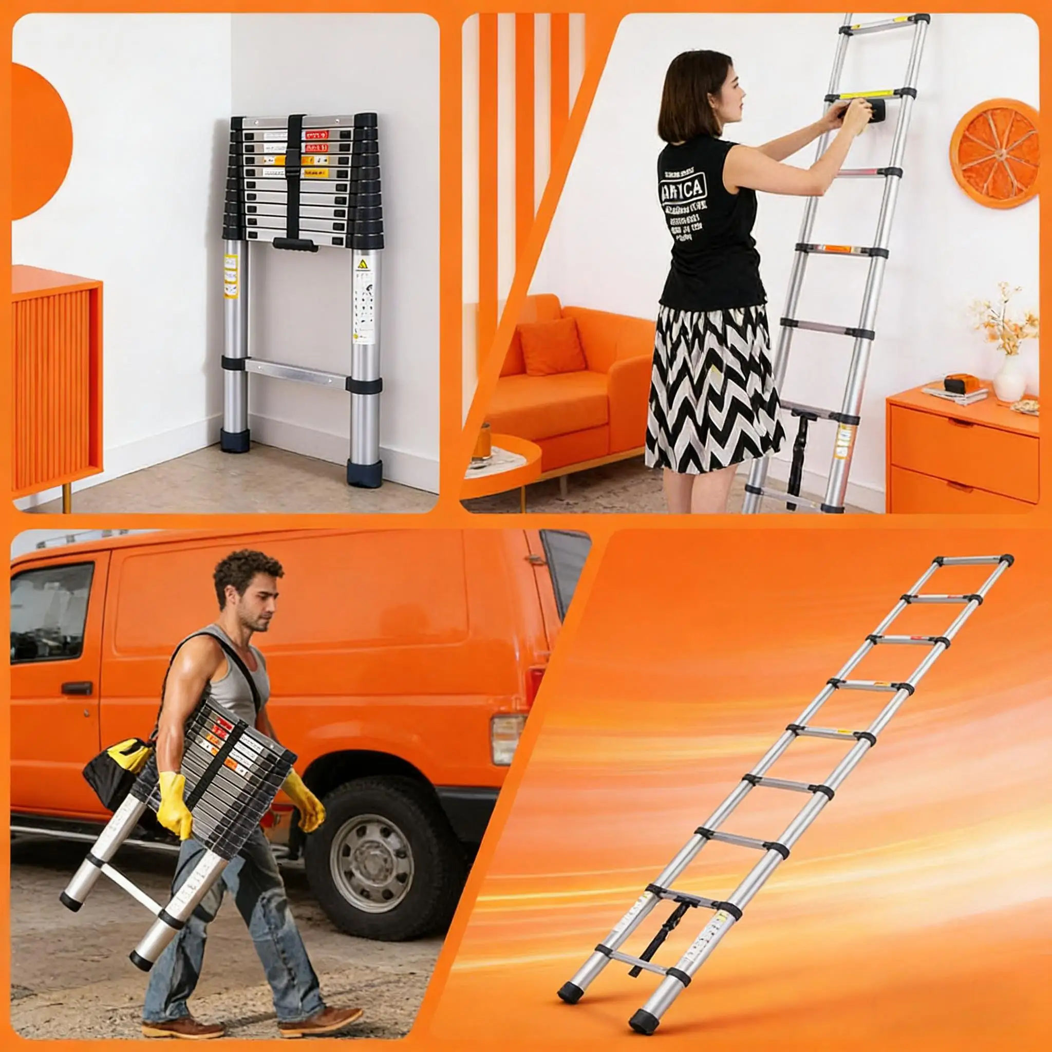 Échelle télescopique en acier inoxydable de 3,2 m, portable, robuste, pliable, avec pieds antidérapants et système de verrouillage indépendant, pour usage domestique et extérieur quotidien