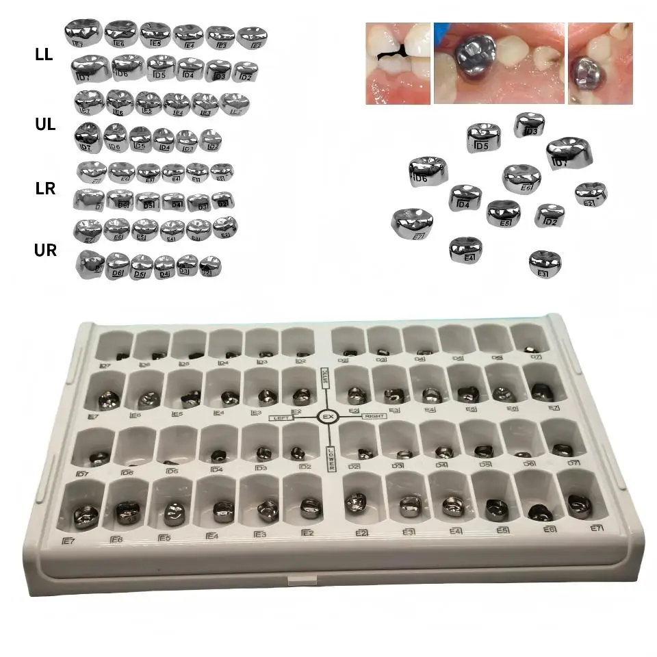 48 Pcs Dental Pediatric Primary Stainless Steel Crown Kit Pre-formed Primary Molar Teeth Crowns Set for Children Restorative Den