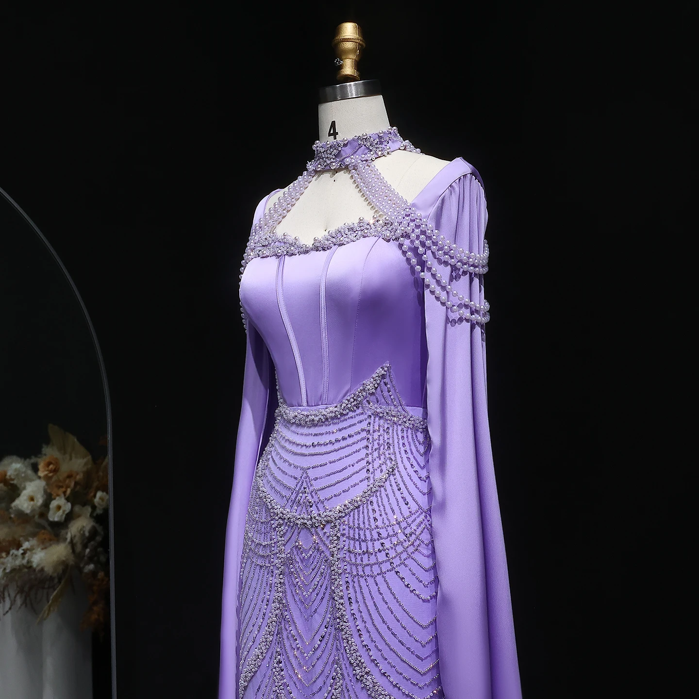 Sharon Said Elegantes Rosa Perlenbesetztes Meerjungfrauen-Abendkleid mit Cape-Ärmeln, Exquisite Details für Arabische Partykleider SS662 Maßanfertigung – Detail 11