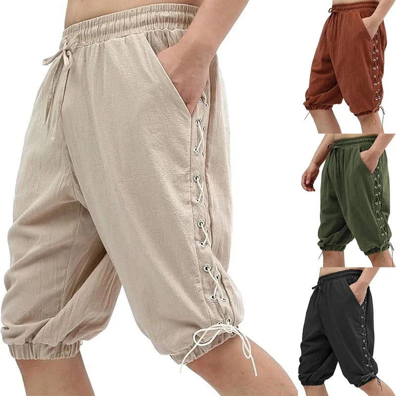 Herren Piraten-Shorts Renaissance Mittelalter Vintage Schnür-Viking-Navigator Halloween-Kostüm-Hose