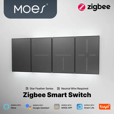 MOES Star Feather Tuya ZigBee Smart Touch Switch US 1/2/3/4 Gang Wall Light Switch Neutral Required Alexa Google Hub Control
