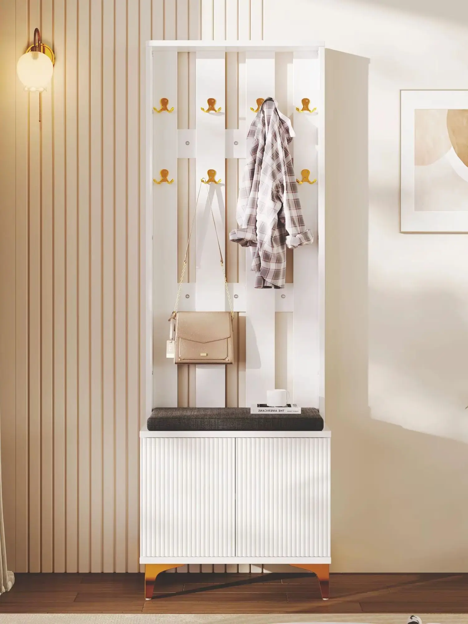 Garderobenbank mit Schuhablage, freistehender Garderobenständer aus Holz mit verstellbarem Ablagefach, ideal für Flur, Eingangsbereich, Wohnzimmer oder Schlafzimmer, weiß