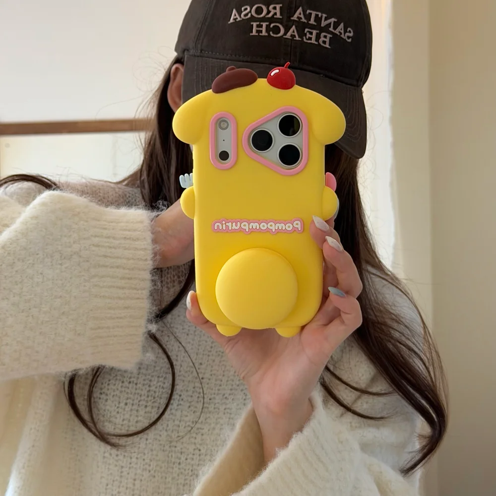 Kawaii 3D Pudding Cartoon Yellow Phone Case for iPhone 18 17 Pro 16 Max 15 16 17 18 Pro Max Cover with Holder Fashion Cute Cases