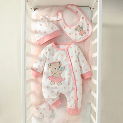 3PCS  Newborn Baby girl lovely and sweet Polka dot printingPatch Bear  autumn Cute jumpsuits+Hat+Bib