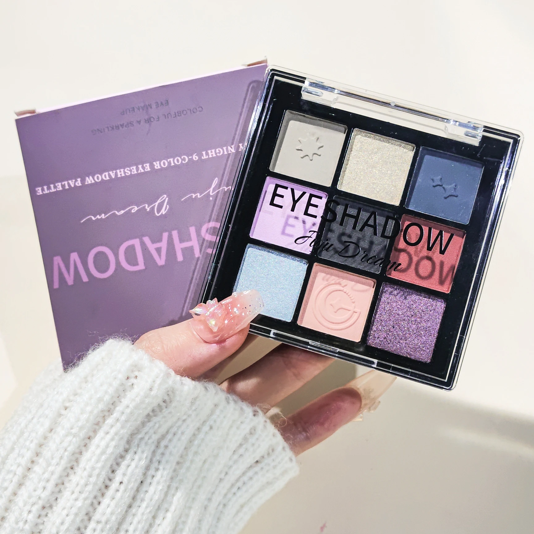 Neunfarbige Lidschatten-Palette, blau, lila, silberfarben, schimmernd, matt, rauchiger Stil, wasserfest, für Bühnenpartys, Performance-Make-up