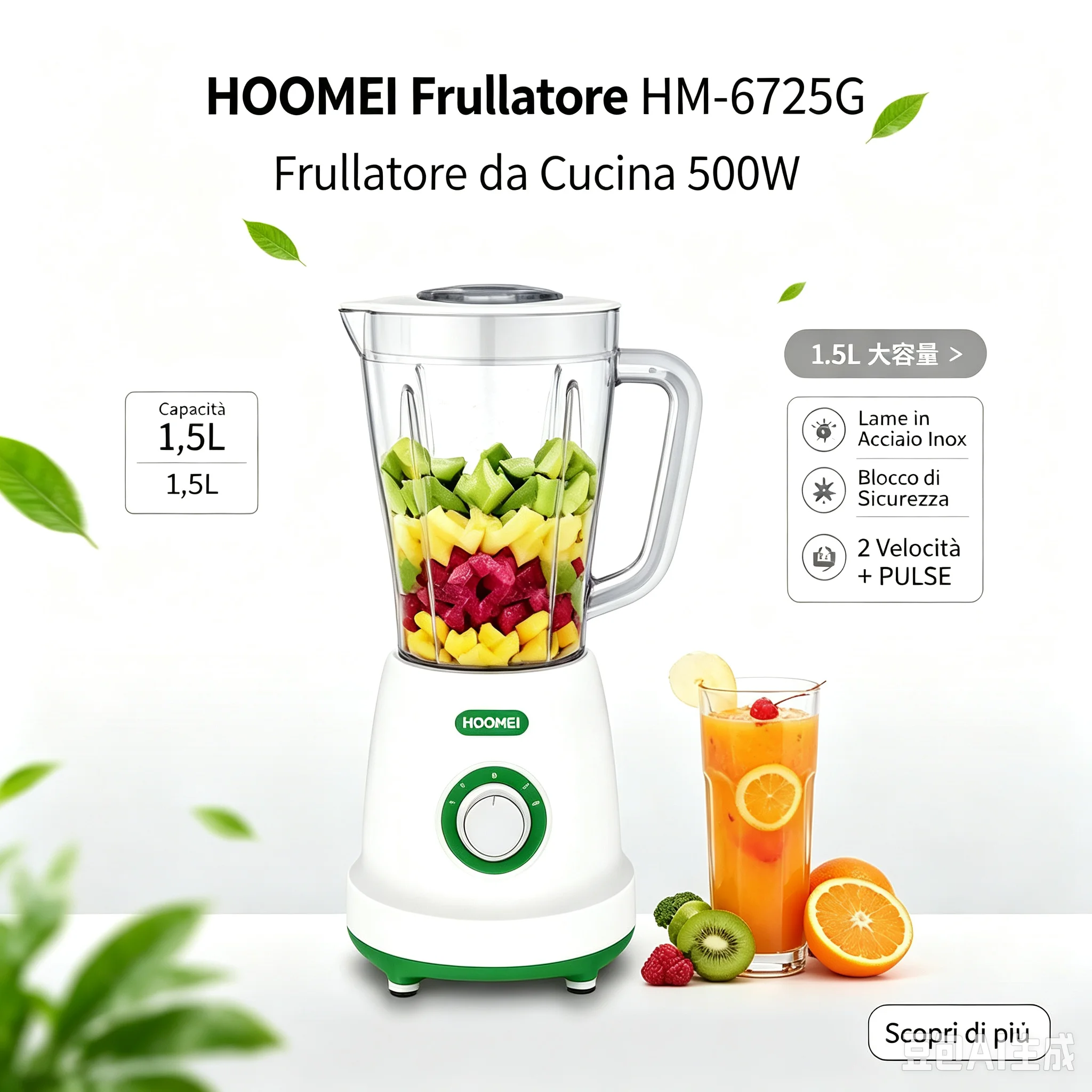 blender, mixer, elektrische blender, keukenblender, 500W blender, 1,5L blender, pulse-functie, 2 snelheden, roestvrijstalen messen, veiligheidsvergrendeling, voor smoothies, frappés, vruchtensappen,