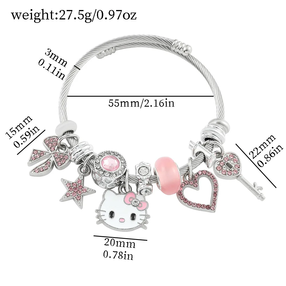 Anime Sanrio Hello Kitty Bracelet Cute Cartoon Figure Kitty Cat Metal Badge Pendant Rhinestone Bangle Kawaii Jewelr Accessories