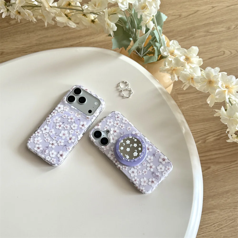 

Korean Cute Dot Diamond Flower Magnetic Phone Case for iPhone 15 Pro 14 13 17 16 Pro Max Funda With Mirror Magsafe Holder Cover