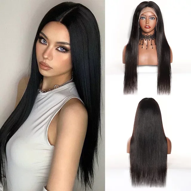 

Webster Natural Synthetic Lace Front Wigs Smooth Black Lace Frontal Wig For Women Heat Resistant Glueless Black Straight Wigs