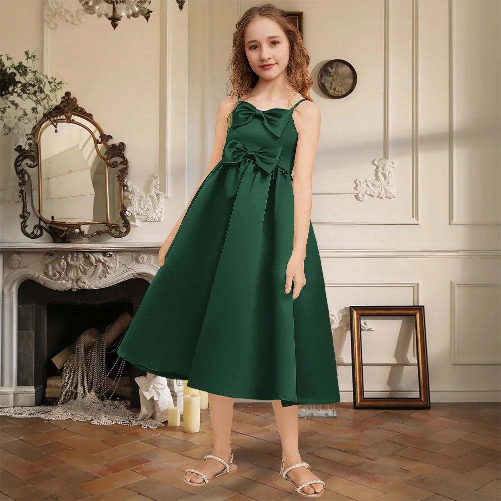 

Elegant A Line Sweetheart Tea Length Satin Junior Bridesmaid Dress Flower Girl Dress Bow Girls Party Wedding Formal Special