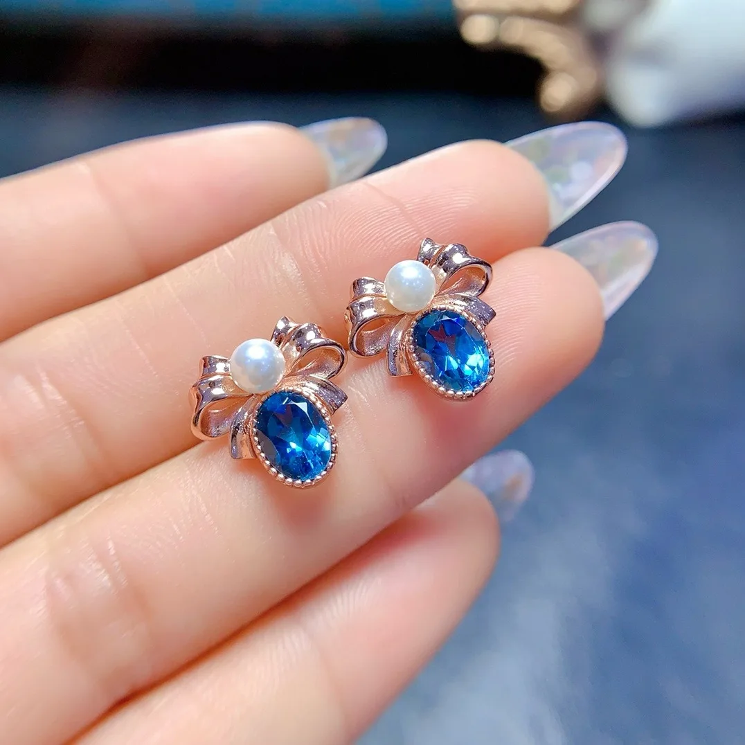 

Jewelry Natural London Blue Topaz Gemstone 5x7mm Women's Edition 18K Rose Gold Plated Earrings 925 Pure Silver Gift Girlfrieng