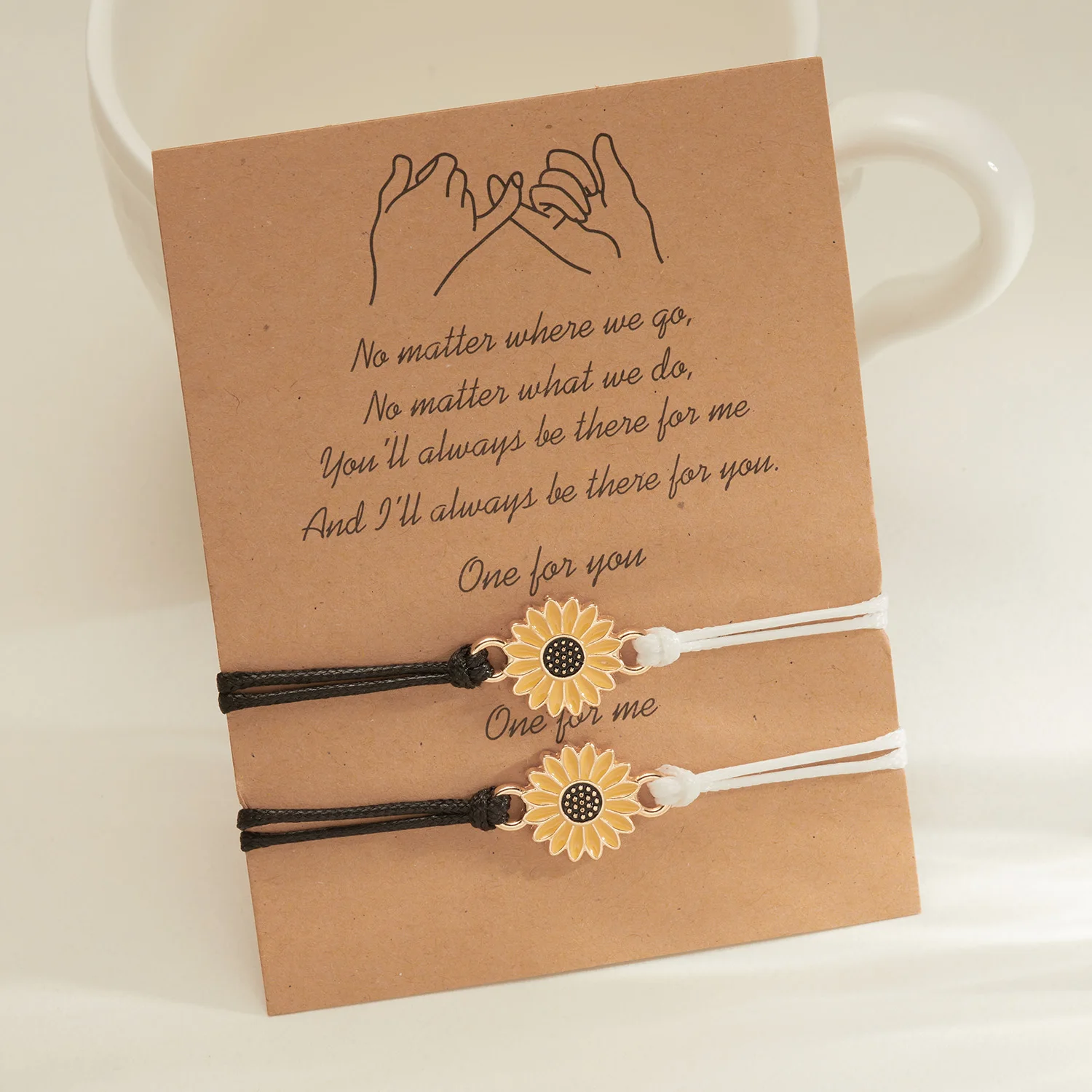 2pcs/set Sunflower Bracelet Daisy Flower Handmade Braided Rope Adjustable Charm Bracelets Couple Lover Promise Wish Card Jewelry