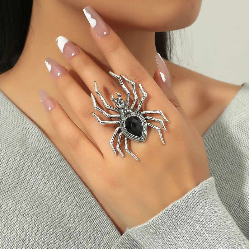 Gothic Punk Black Spider Animal Ring Vintage Silver Color Octopus Bat Halloween Skull Open Finger Ring Personality Party Jewelry