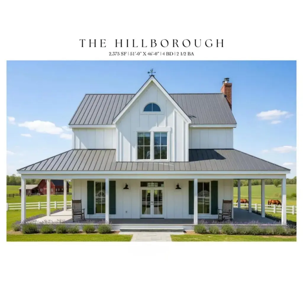 

План современного фермерского дома (печатные планы) 2375 кв. футов | «Хилмборо» 4-кратные отпечатки кроватей | Планы на полу Cottage 51 x 46 дюймов