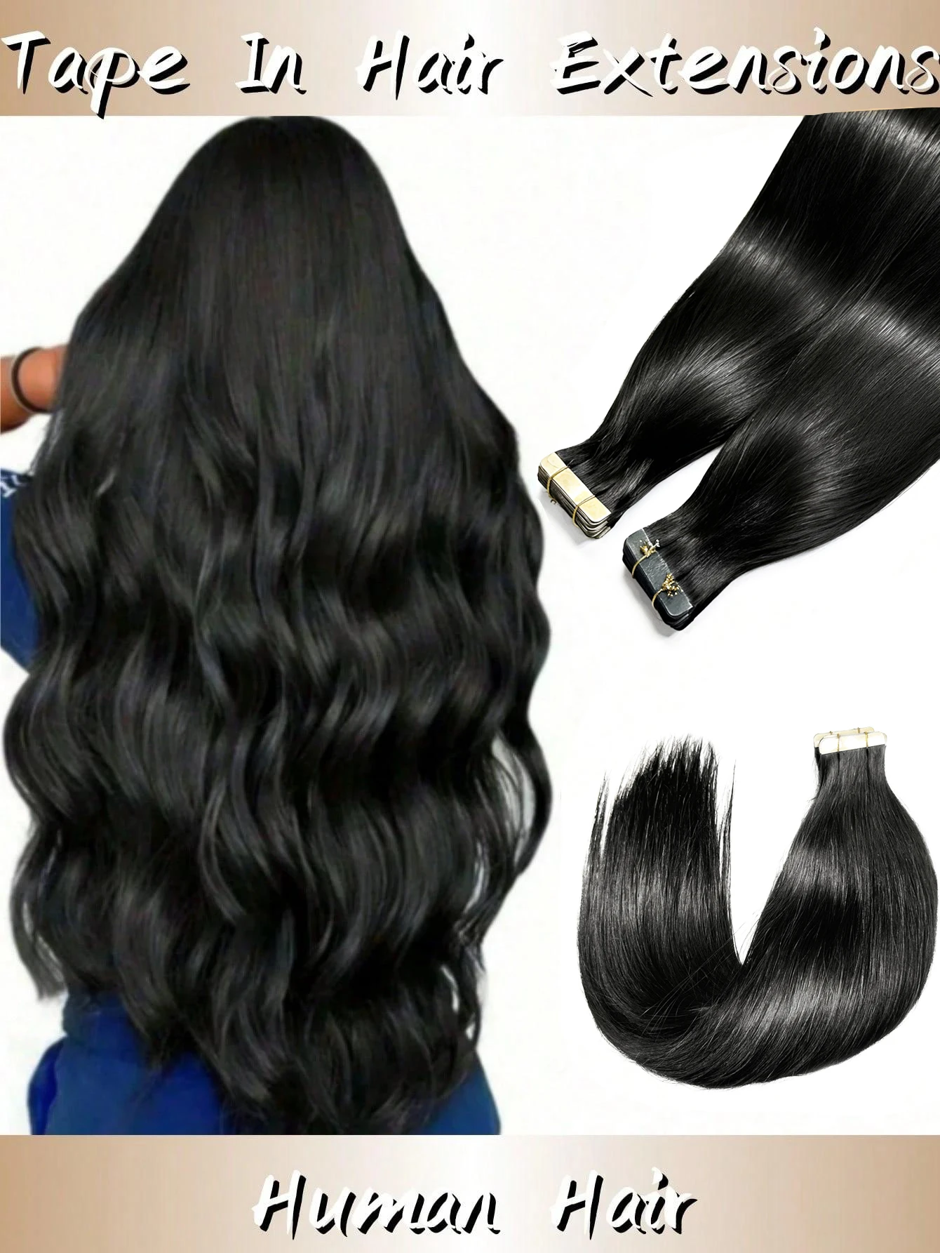 50 pièces Extensions de cheveux naturels noirs à bandes adhésives, cheveux humains lisses, double face, invisibles, qualité 12A, épaisses