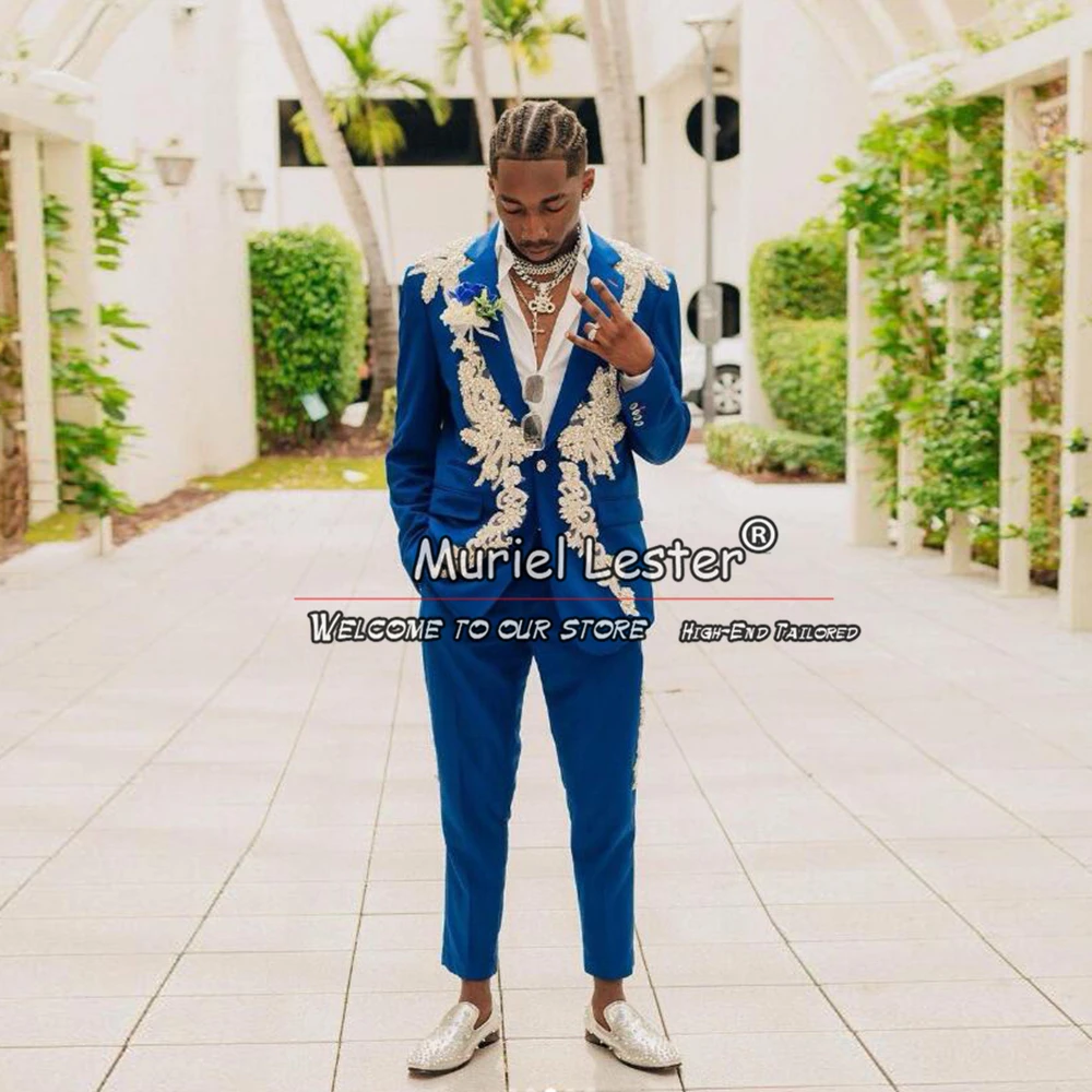 

Luxury Beaded Navy Men Suits 2 Pieces Sets Bespoke Africa Wedding Groom Tuxedos Business Male Prom Party Couple Blazers Slim Fit