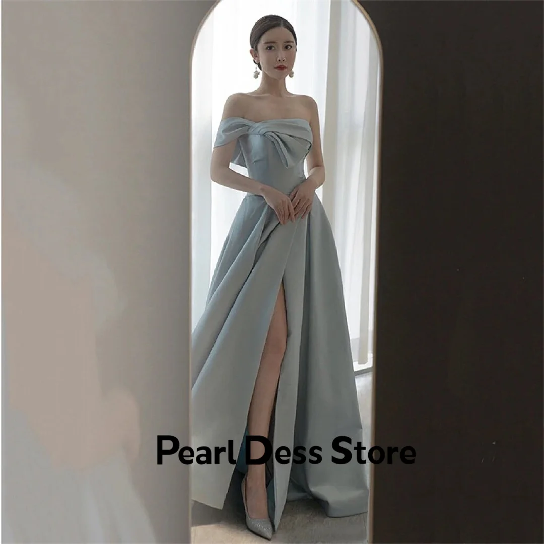 Light Blue Celebrity Dress Ship Neck Strapless Off Shoulder Side Split Bow Ribbon Princess Women's Prom Celebrity Dress Brand Ne