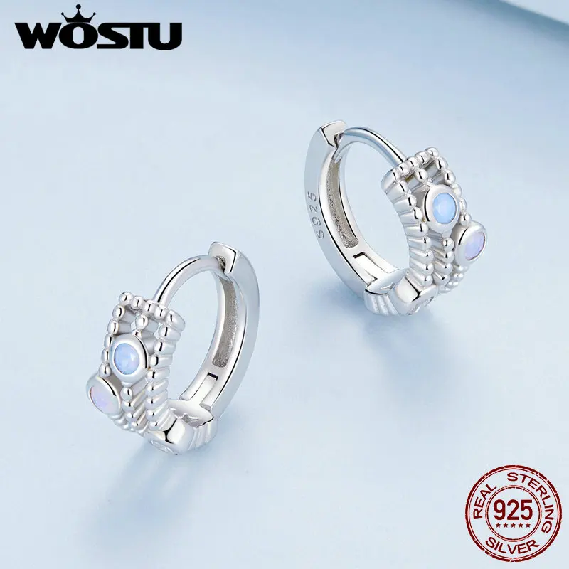 WOSTU 925 Sterling silver Dewdrop koraliki klipsy do uszu niebieski Opal Ear Hoop dla kobiet dziewczyna oryginalna biżuteria delikatny prezent